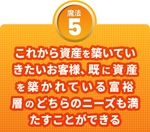 魔法５　これから資産を築いていきたいお客様、すでに資産を築かれている扶養層のどちらのニーズも満たすことができる